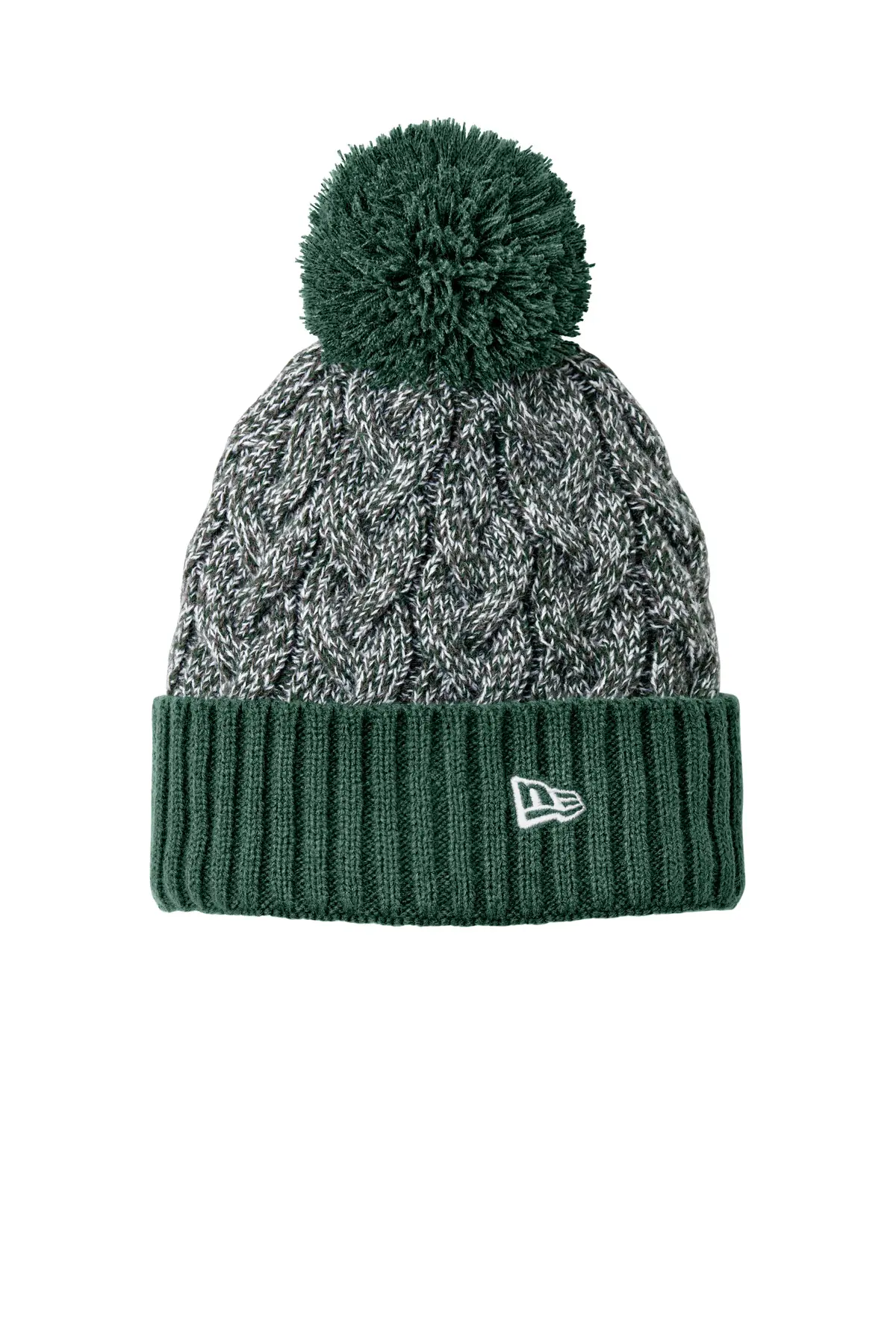 New Era Marled Knit Pom Beanie in Dark Green/ Graphite/ White