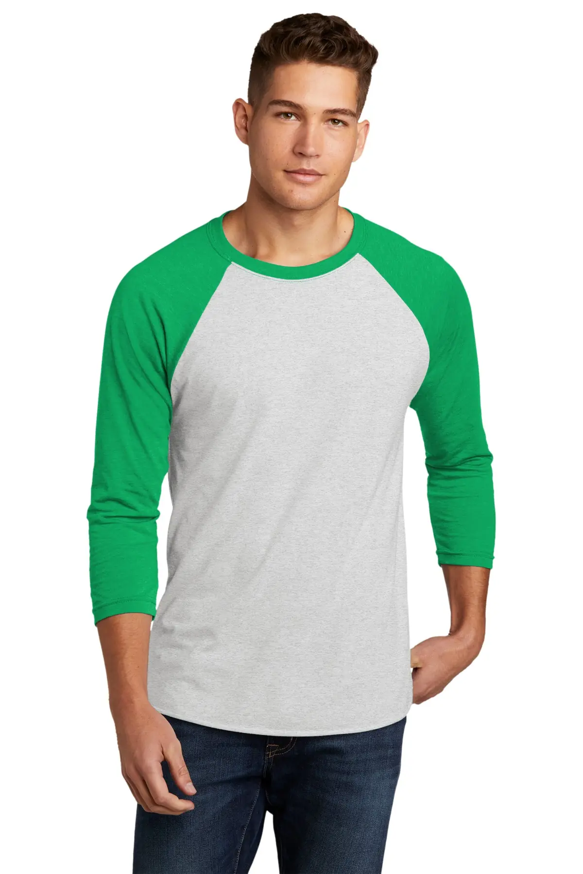 Next Level Apparel Adult Tri-Blend 3/4-Sleeve Raglan Tee. in Envy/ Hthr White
