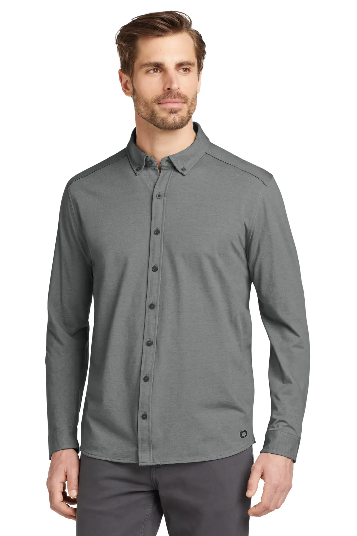 OGIO Code Stretch Long Sleeve Button-Up. in Tarmac Grey Heather