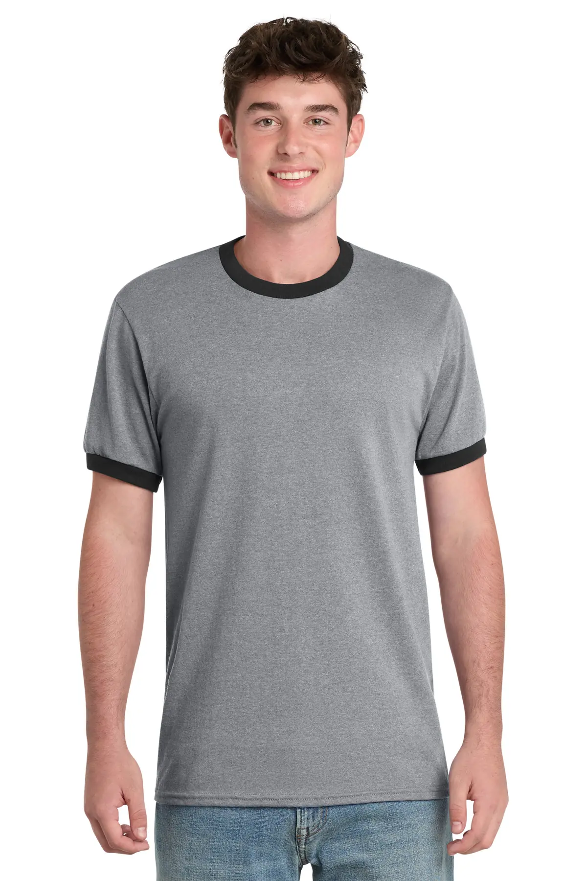 Port & Co Core Cotton Ringer Tee. in Athletic Heather/ Jet Black