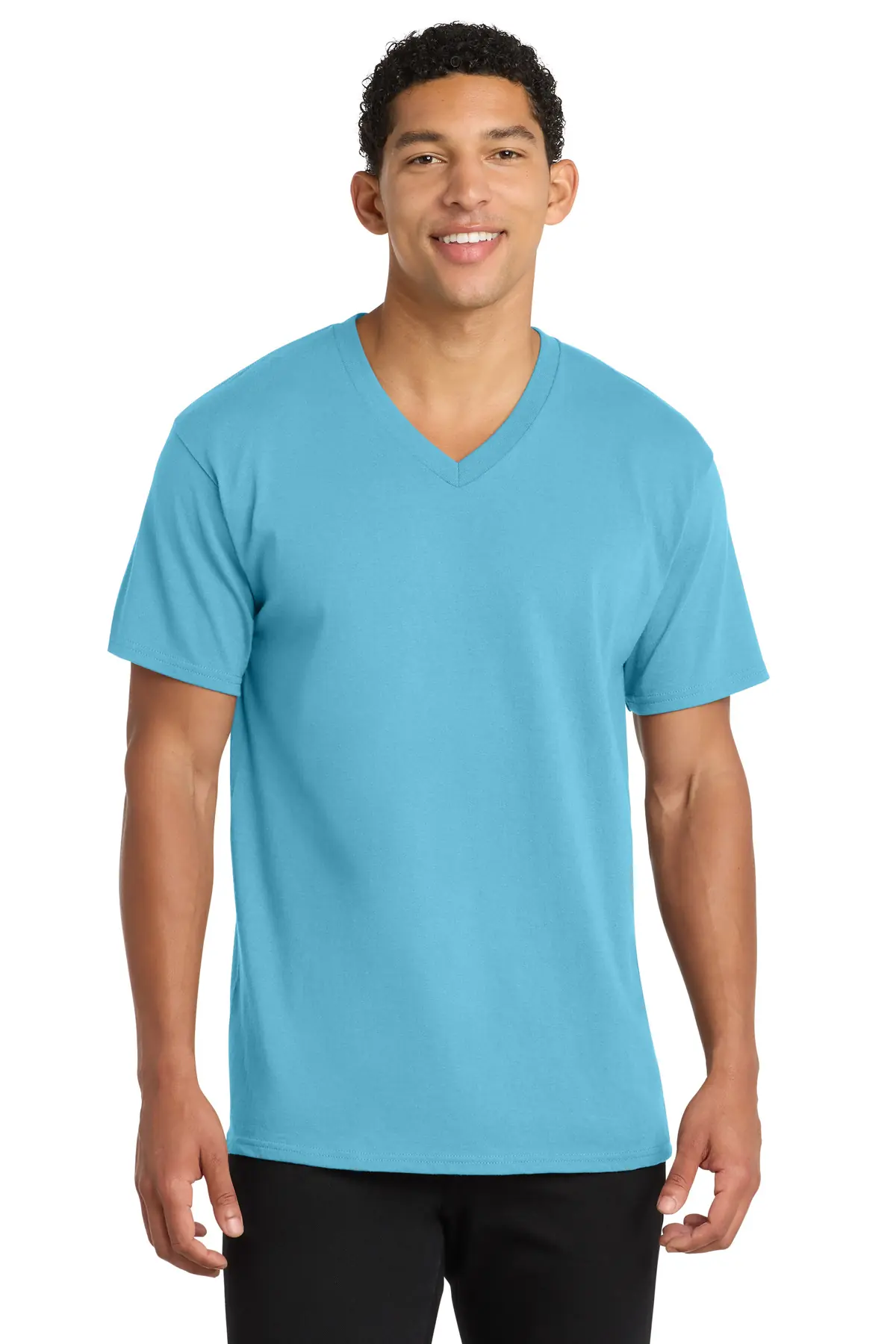 Port & Co Core Cotton V-Neck Tee. in Aquatic Blue