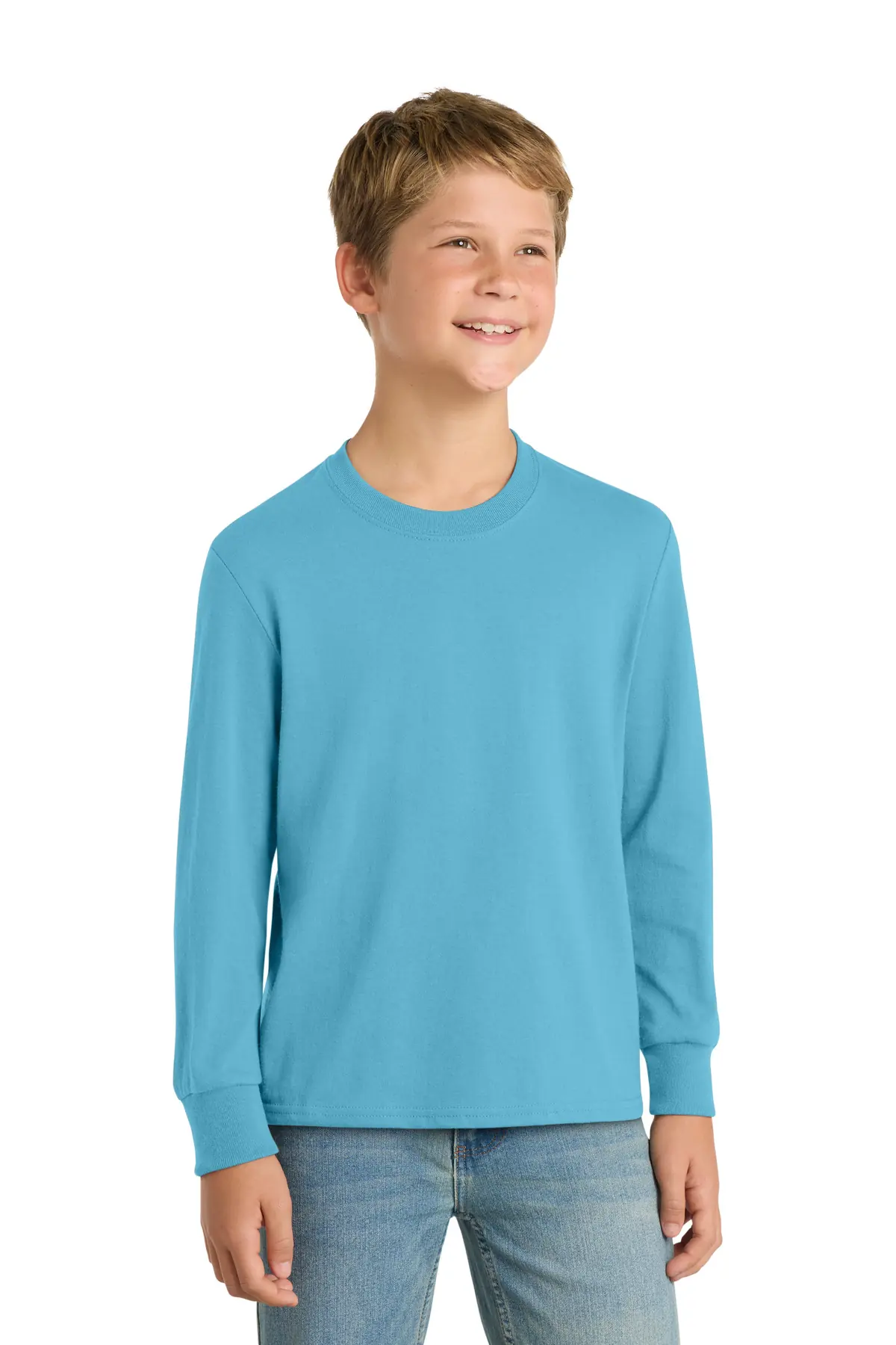 Port & Co Youth Long Sleeve Core Cotton Tee. in Aquatic Blue