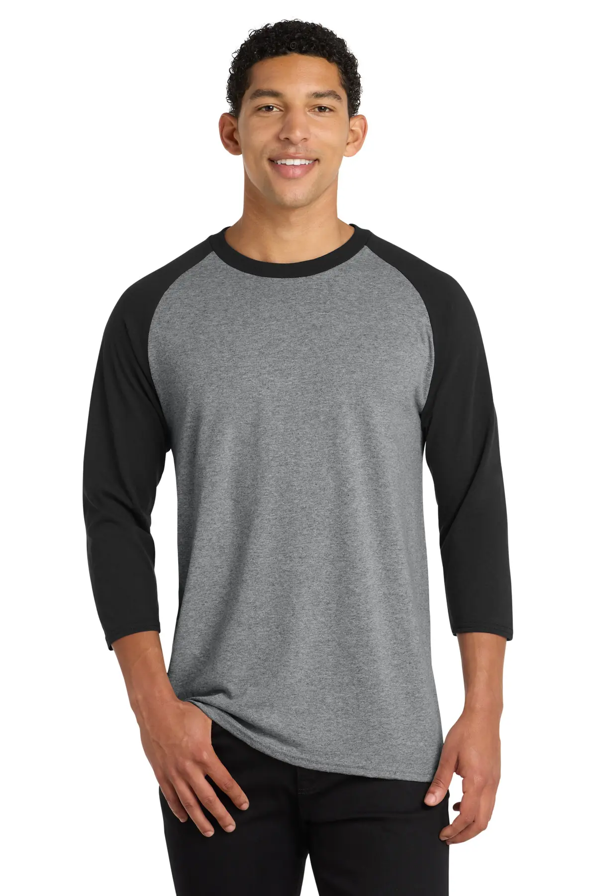 Port & Co Core Blend 3/4-Sleeve Raglan Tee. in Athletic Heather/ Jet Black