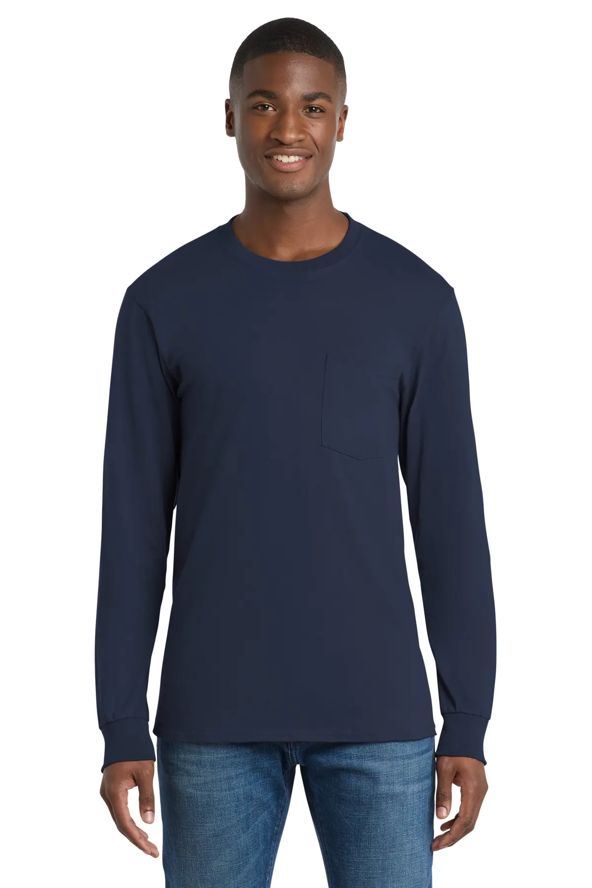 Port & Co Long Sleeve Essential Pocket Tee. in Navy