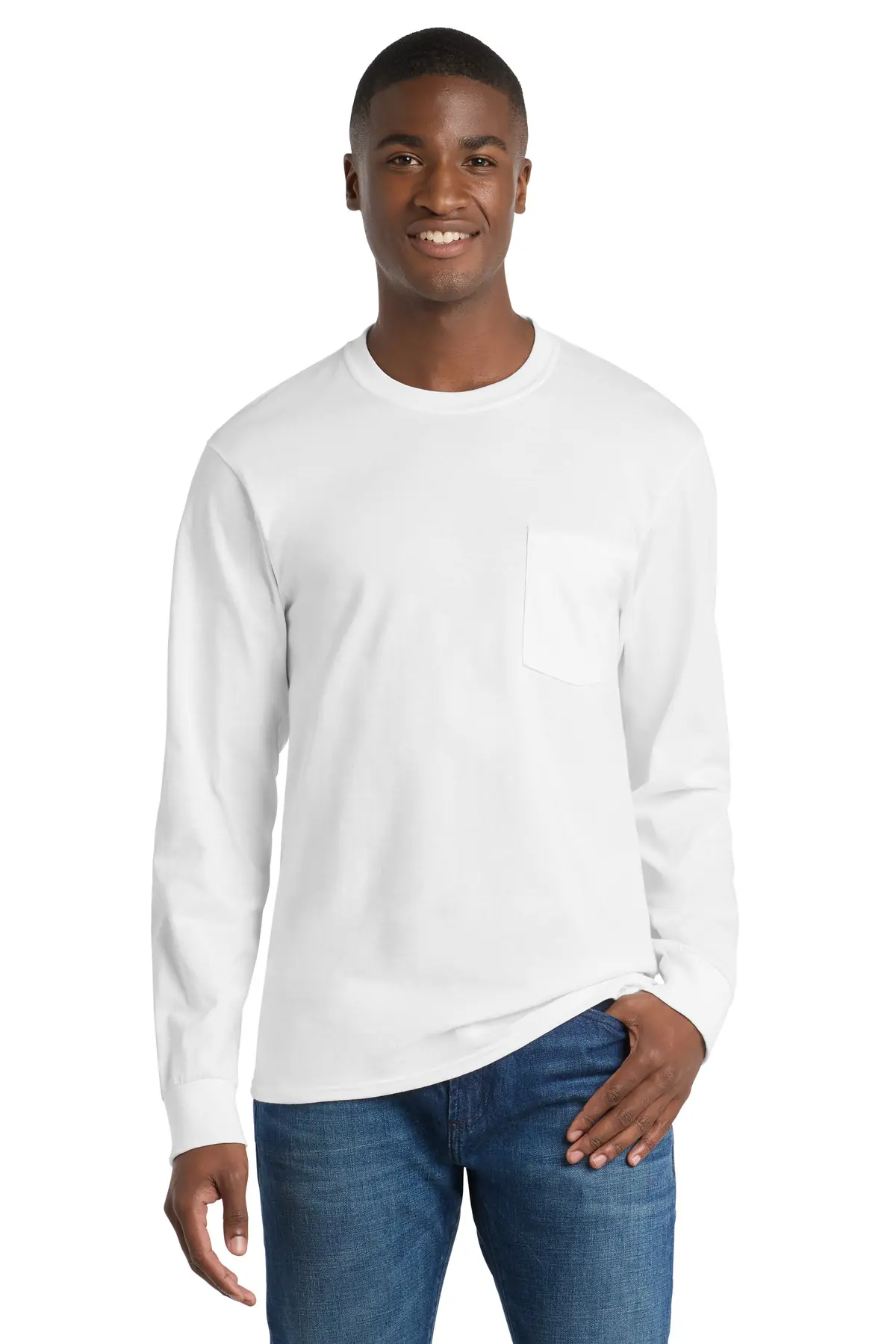 Port & Co Tall Long Sleeve Essential Pocket Tee. in White