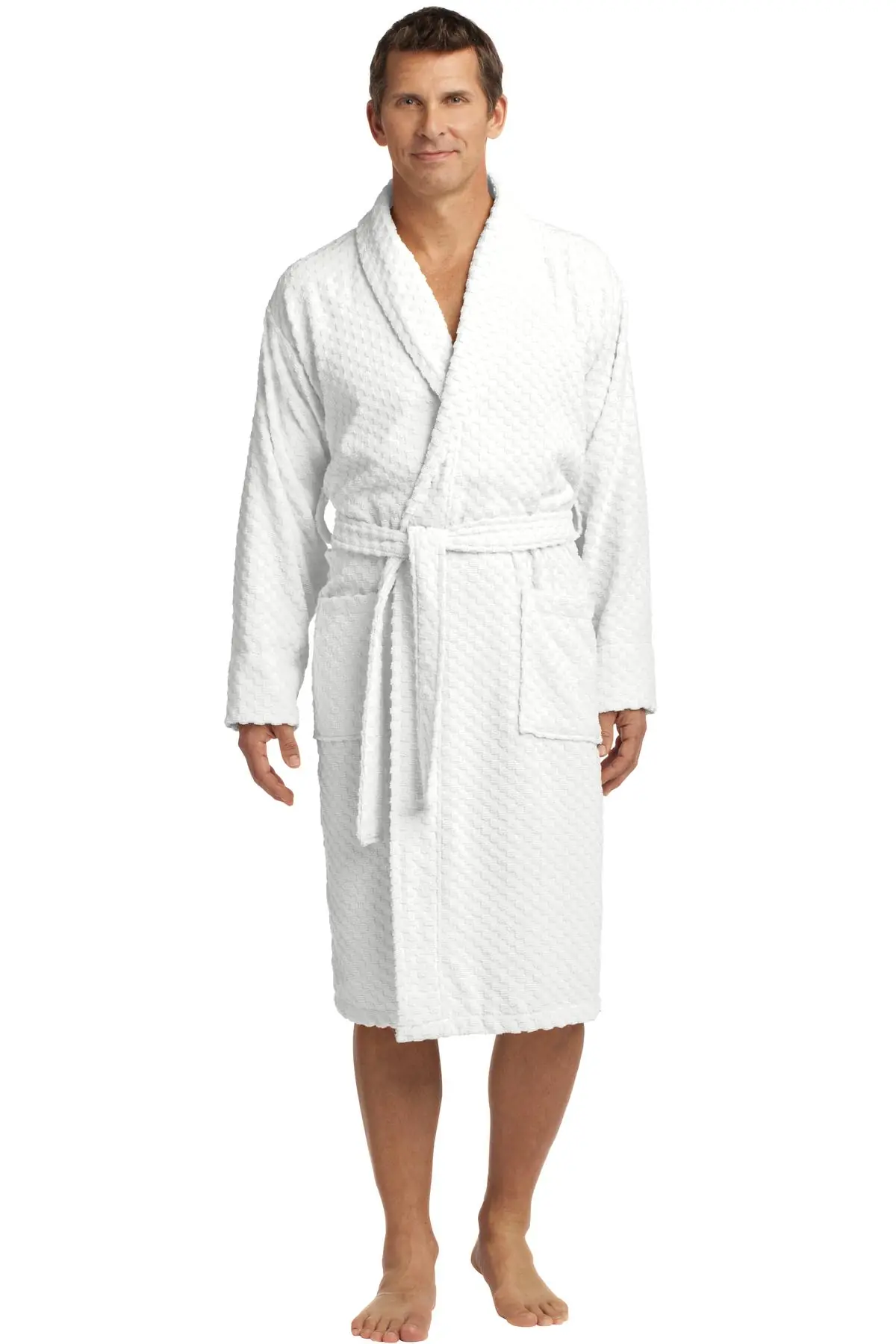 Port Authority Checkered Terry Shawl Collar Robe. in White