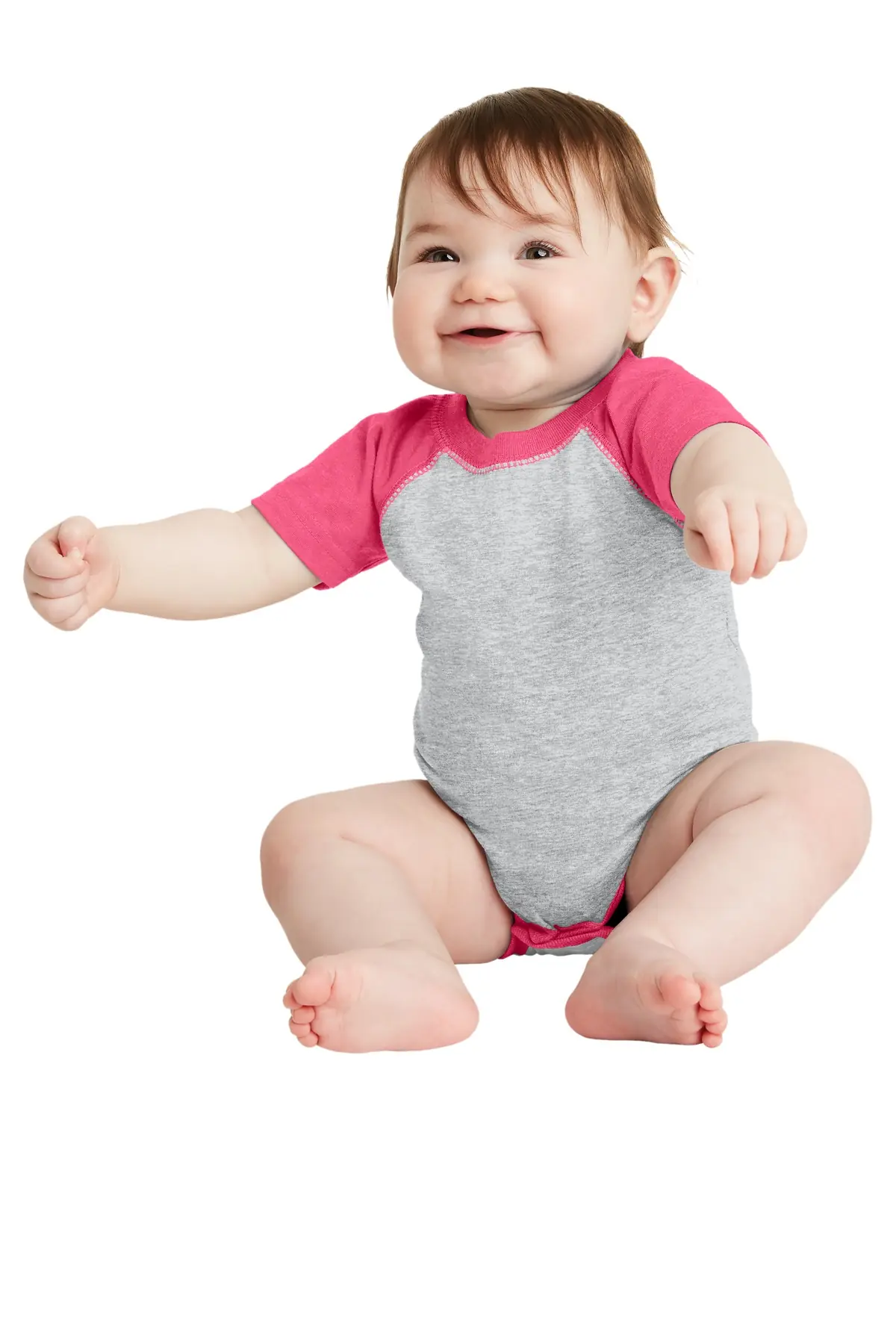 Rabbit Skins Infant Baseball Fine Jersey Bodysuit. in Vintage Heather/ Vintage Hot Pink