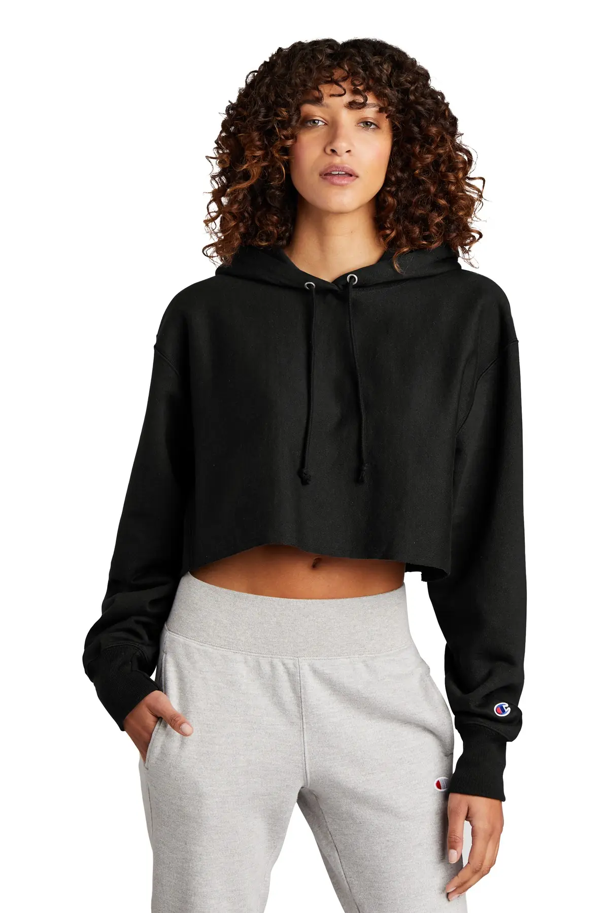 Champion Women's Reverse Weave Cropped Cut-Off Hooded Sweatshirt in Black