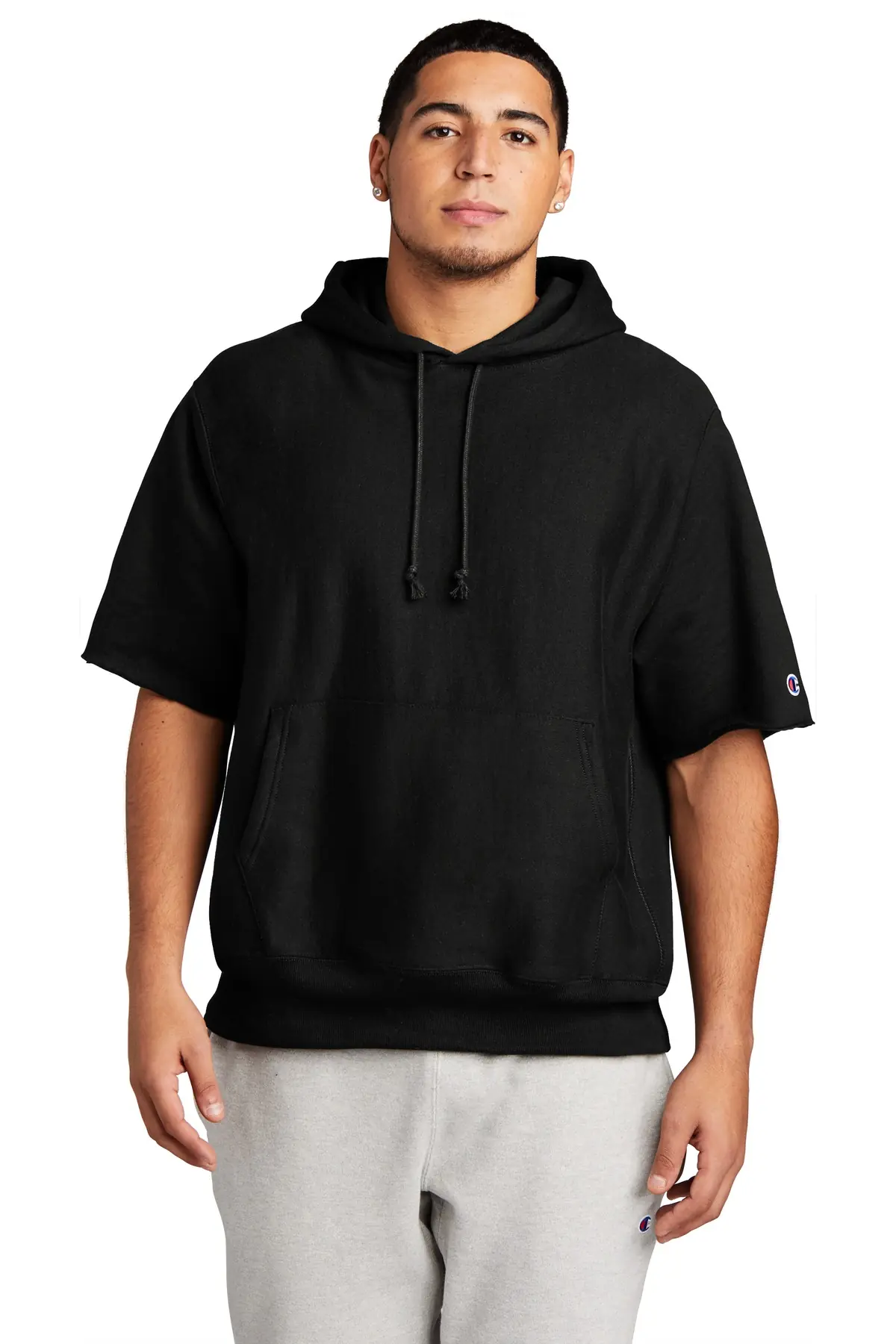 Champion Reverse Weave Short Sleeve Hooded Sweatshirt in Black