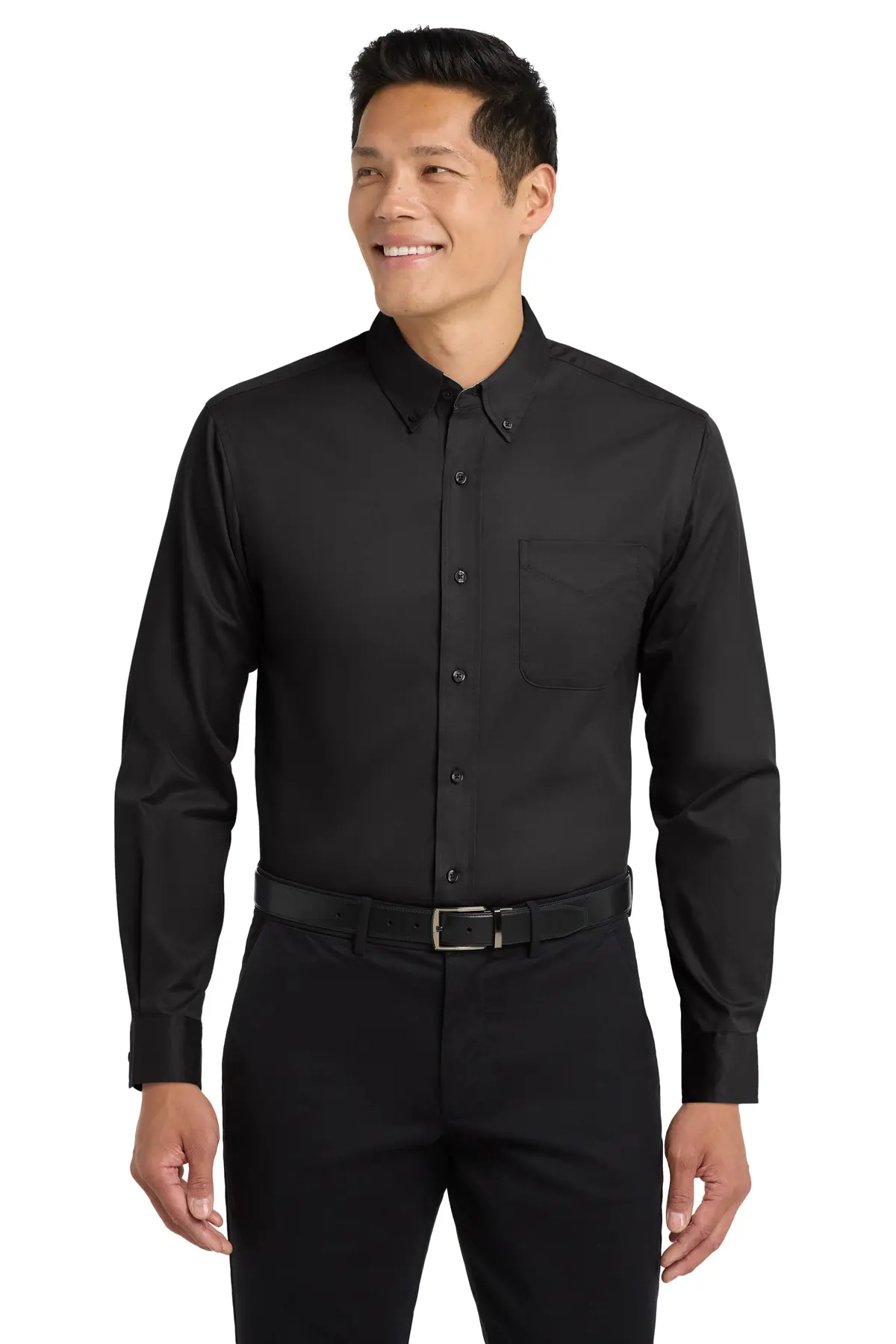 Port Authority Long Sleeve Easy Care Shirt in Black/ Light Stone
