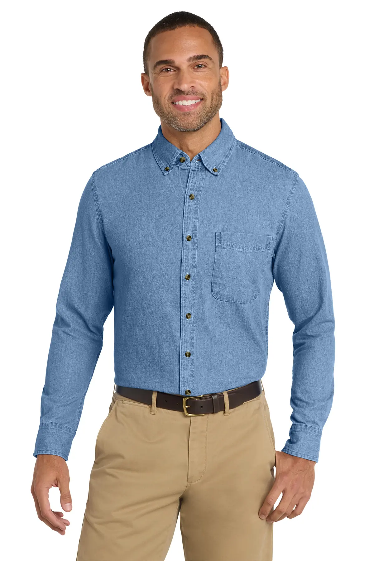 Port & Co Long Sleeve Value Denim Shirt. in Faded Blue