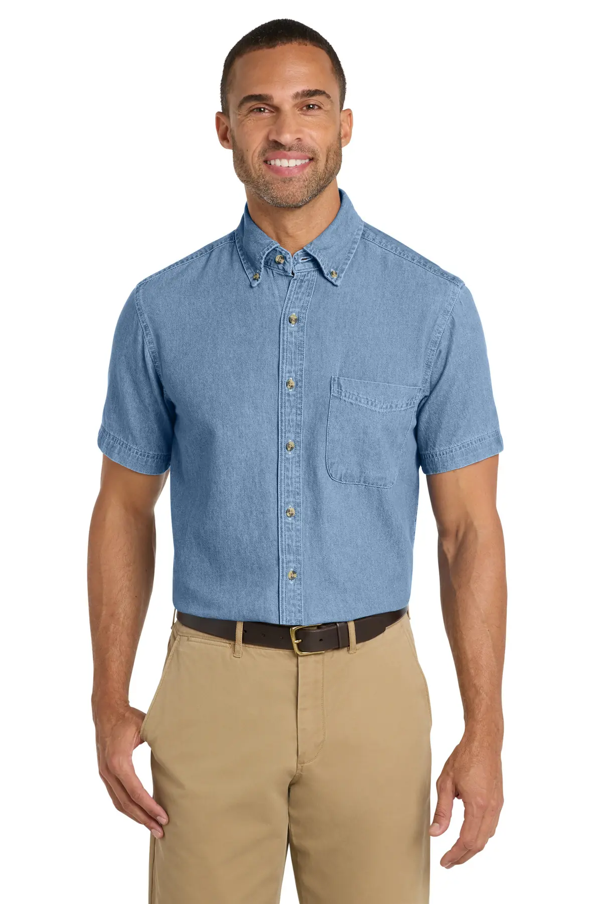 Port & Co Short Sleeve Value Denim Shirt. in Faded Blue