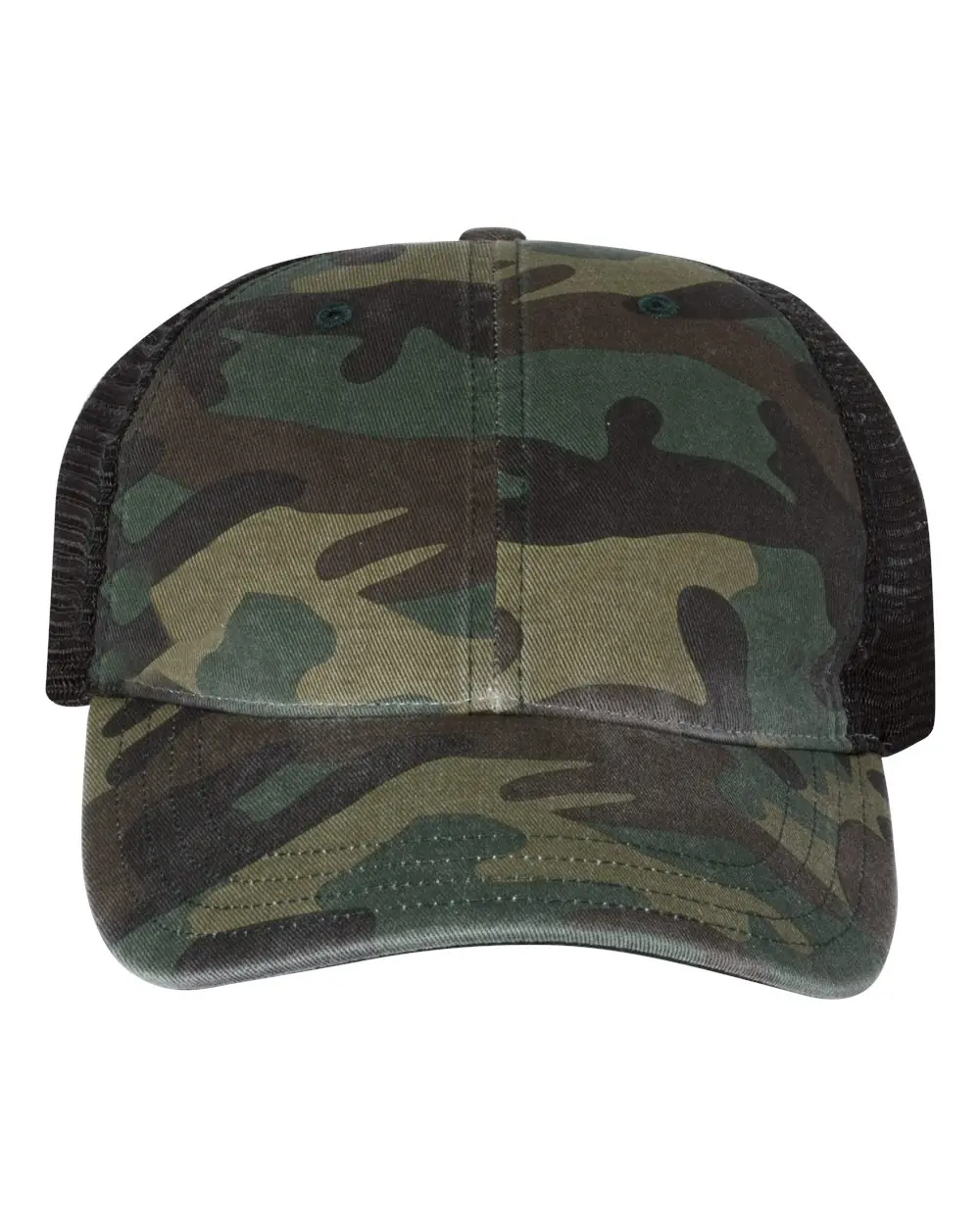 Richardson Garment Washed Printed Trucker Cap in Green Camo/ Black