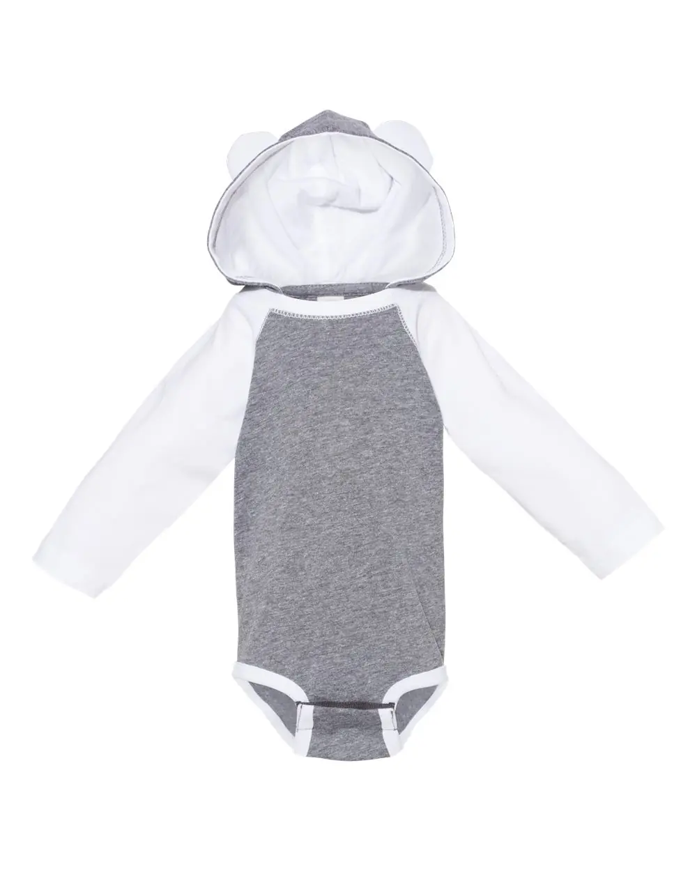 Rabbit Skins Infant Fine Jersey Character Hooded Long Sleeve Bodysuit with Ears in Granite Heather/ White