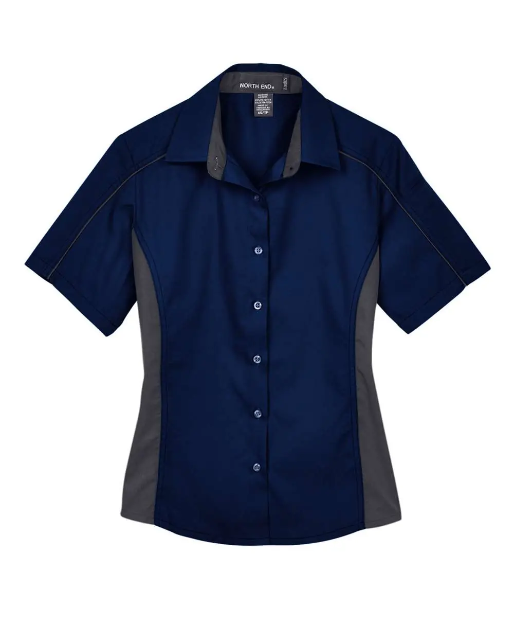 North End Women's Fuse Colorbloack Twill Short Sleeve Shirt in Classic Navy/ Carbon
