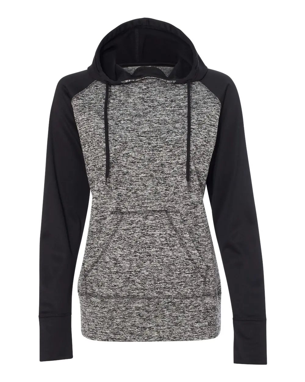 J. America Women’s Colorblocked Cosmic Fleece Hooded Sweatshirt in Charcoal Fleck/ Black