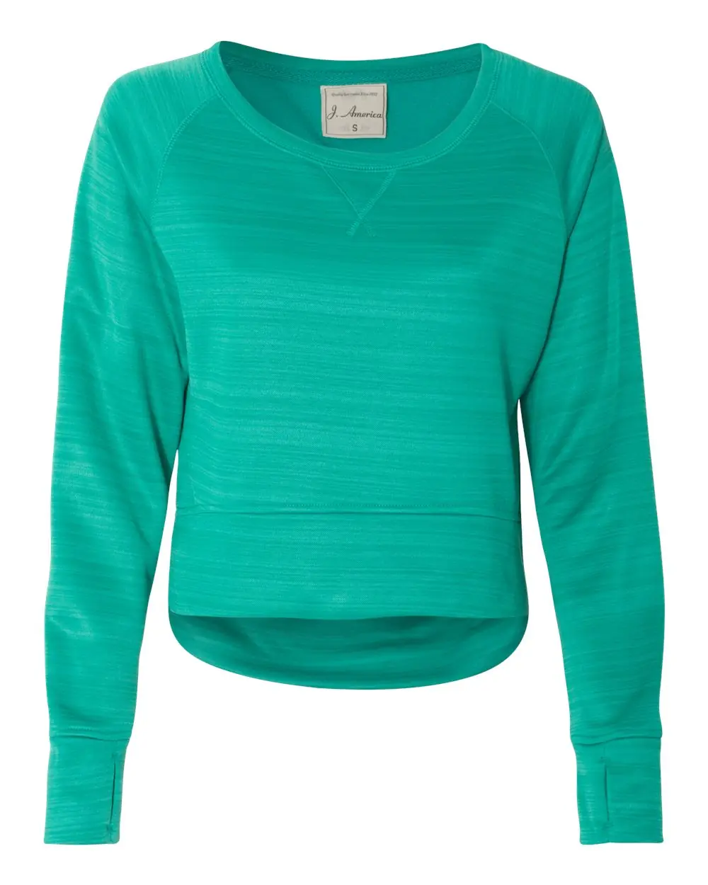 J. America Women's Odyssey Striped Performance Fleece Hi-Low Crewneck Sweatshirt in Dynasty Green Stripe
