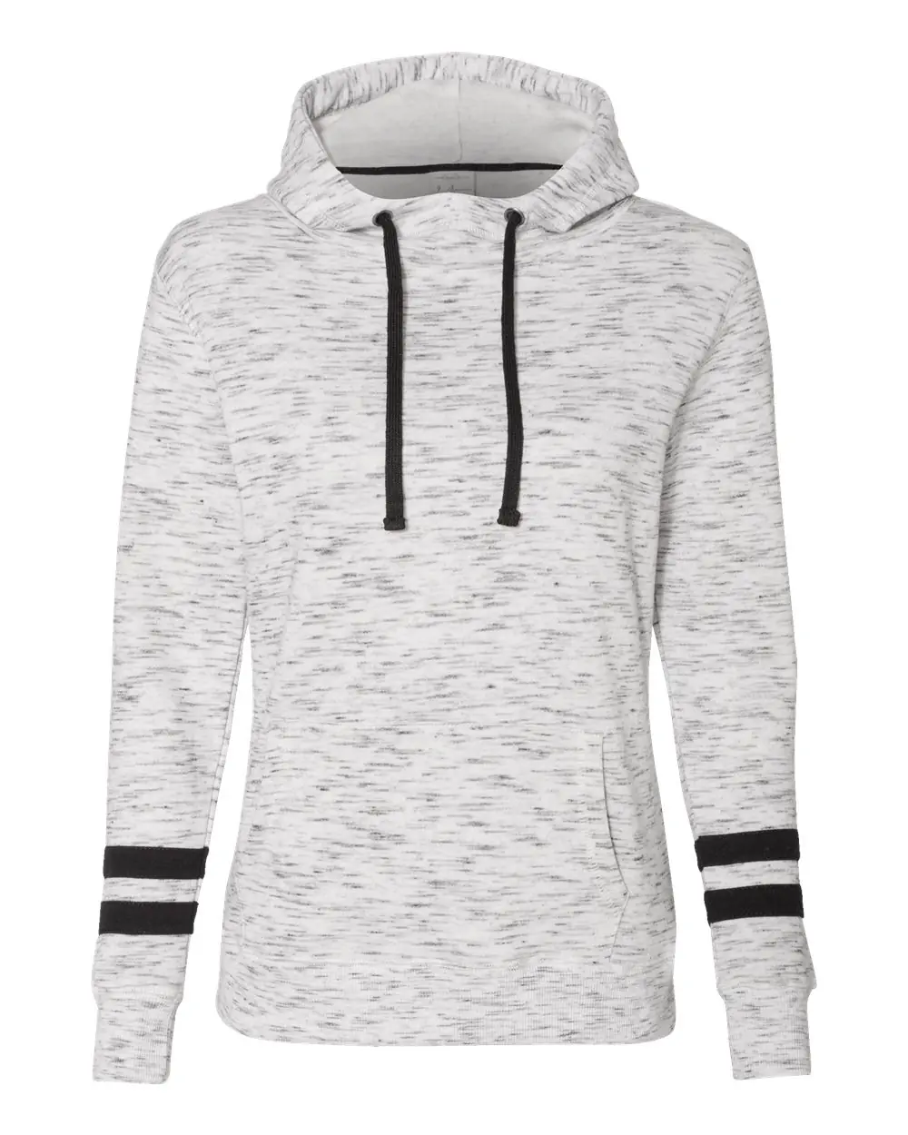 J. America Women’s Mélange Fleece Striped-Sleeve Hooded Sweatshirt in White/ Black