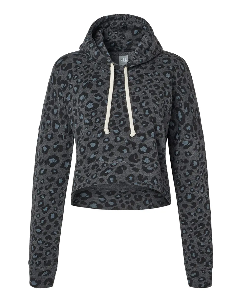 J. America Women's Crop Hooded Sweatshirt in Black Leopard Triblend