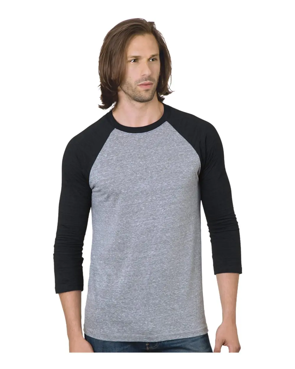 Bayside Unisex Triblend Three-Quarter Sleeve Raglan T-Shirt in Athletic Grey/ Black