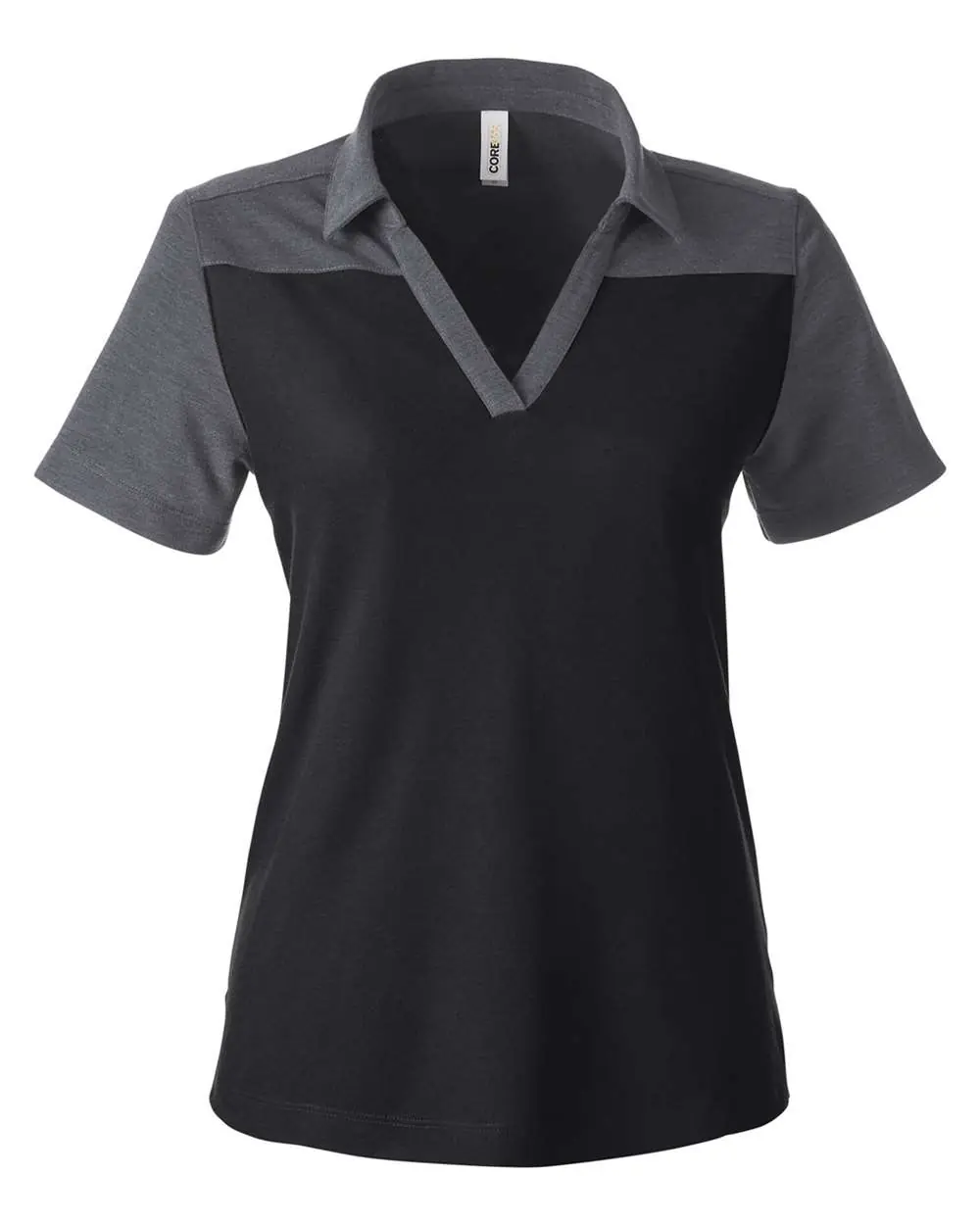CORE365 Women's Fusion ChromaSoft™ Colorblock Polo in Black/ Carbon Heather