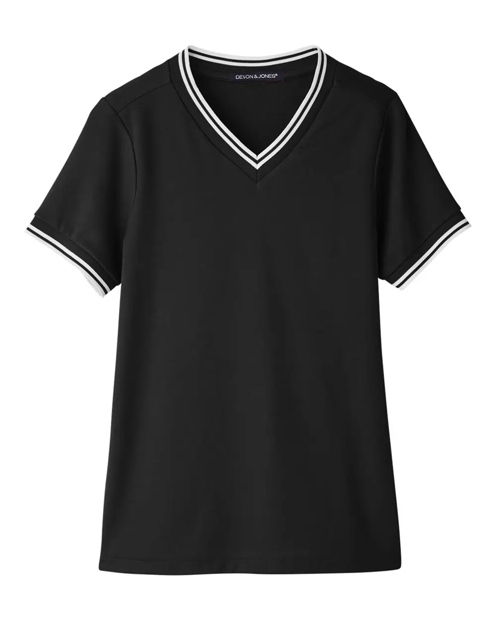 Devon & Jones Women's CrownLux Performance® Plaited Tipped V-Neck Shirt in Black/ White