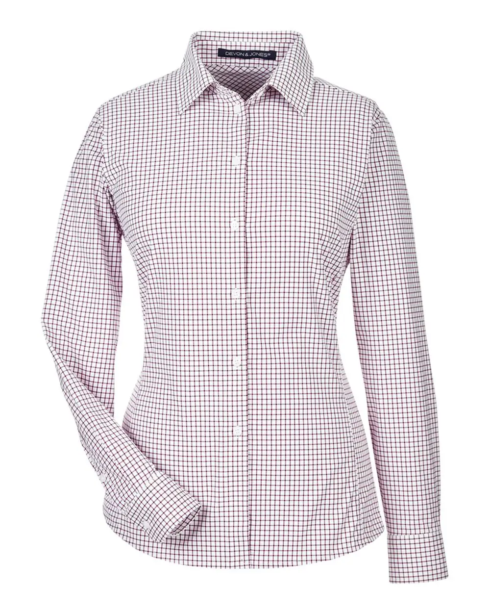 Devon & Jones Women's CrownLux Performance® Micro Windowpane Woven Dress Shirt in Burgundy/ White