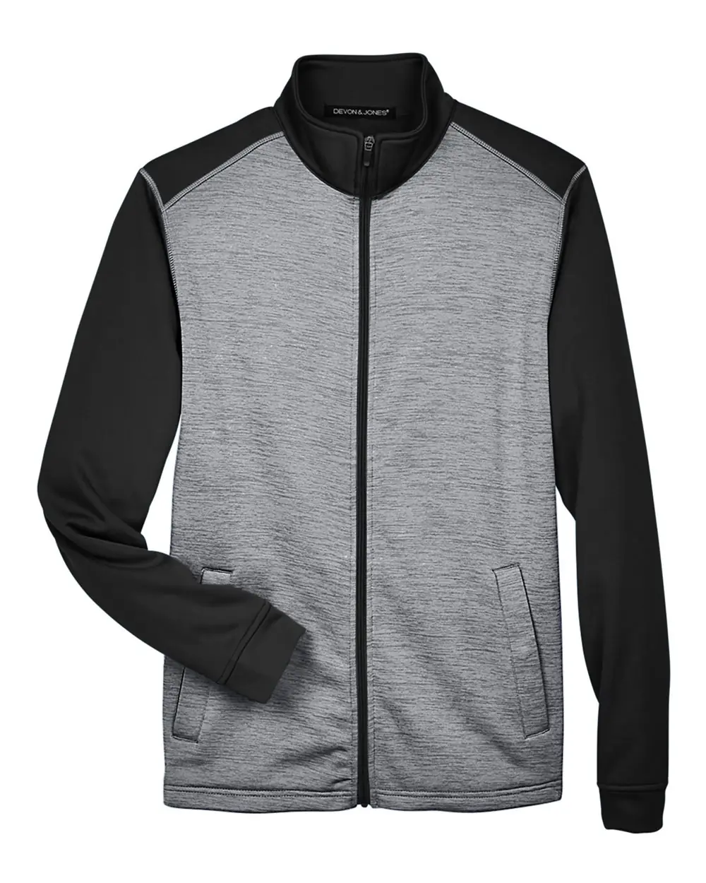 Devon & Jones Men's Newbury Colorblock Mélange Fleece Full-Zip jacket in Black Heather/ Dark Grey Heather