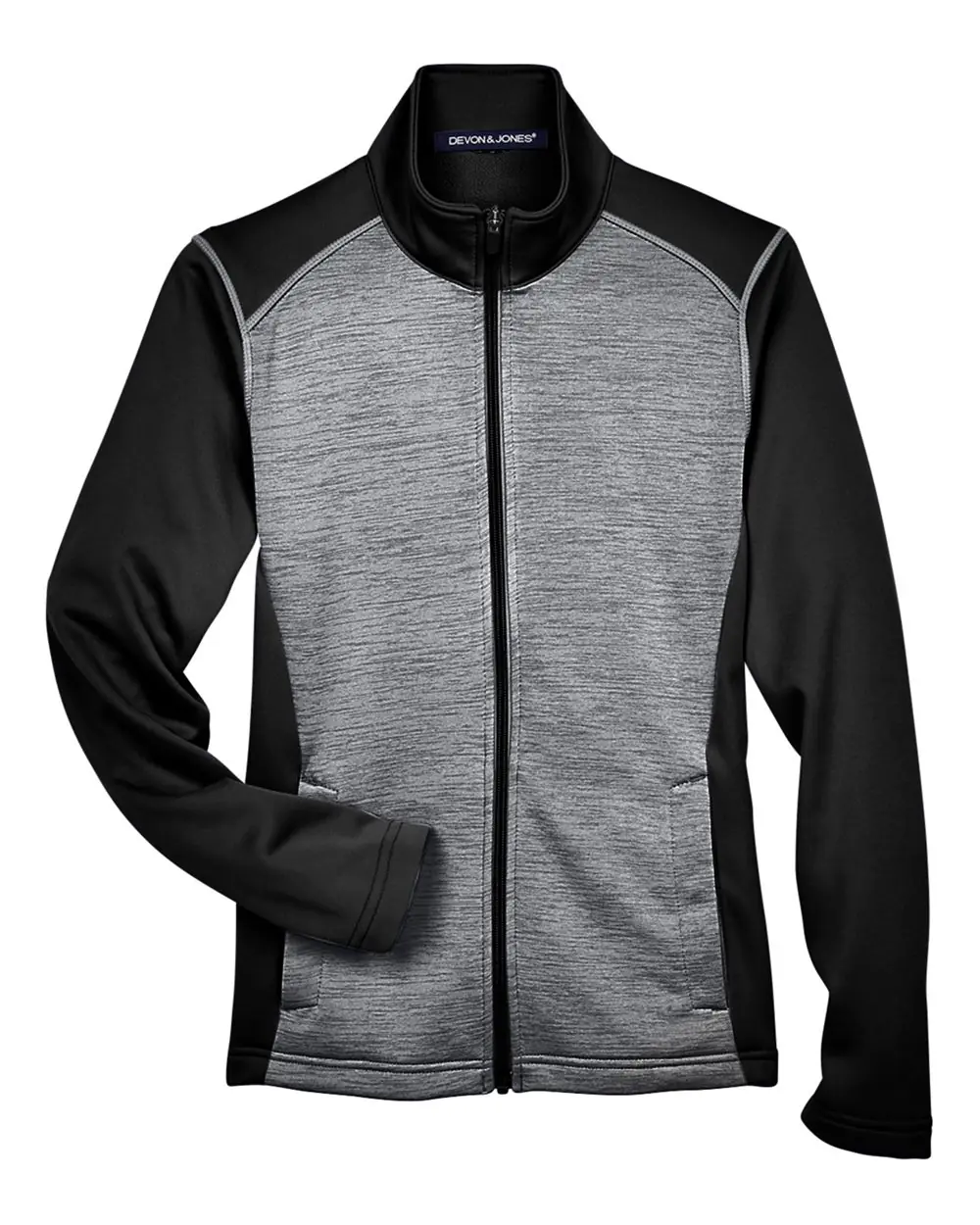 Devon & Jones Women's Newbury Colorblock Mélange Fleece Full-Zip Jacket in Black Heather/ Dark Grey Heather