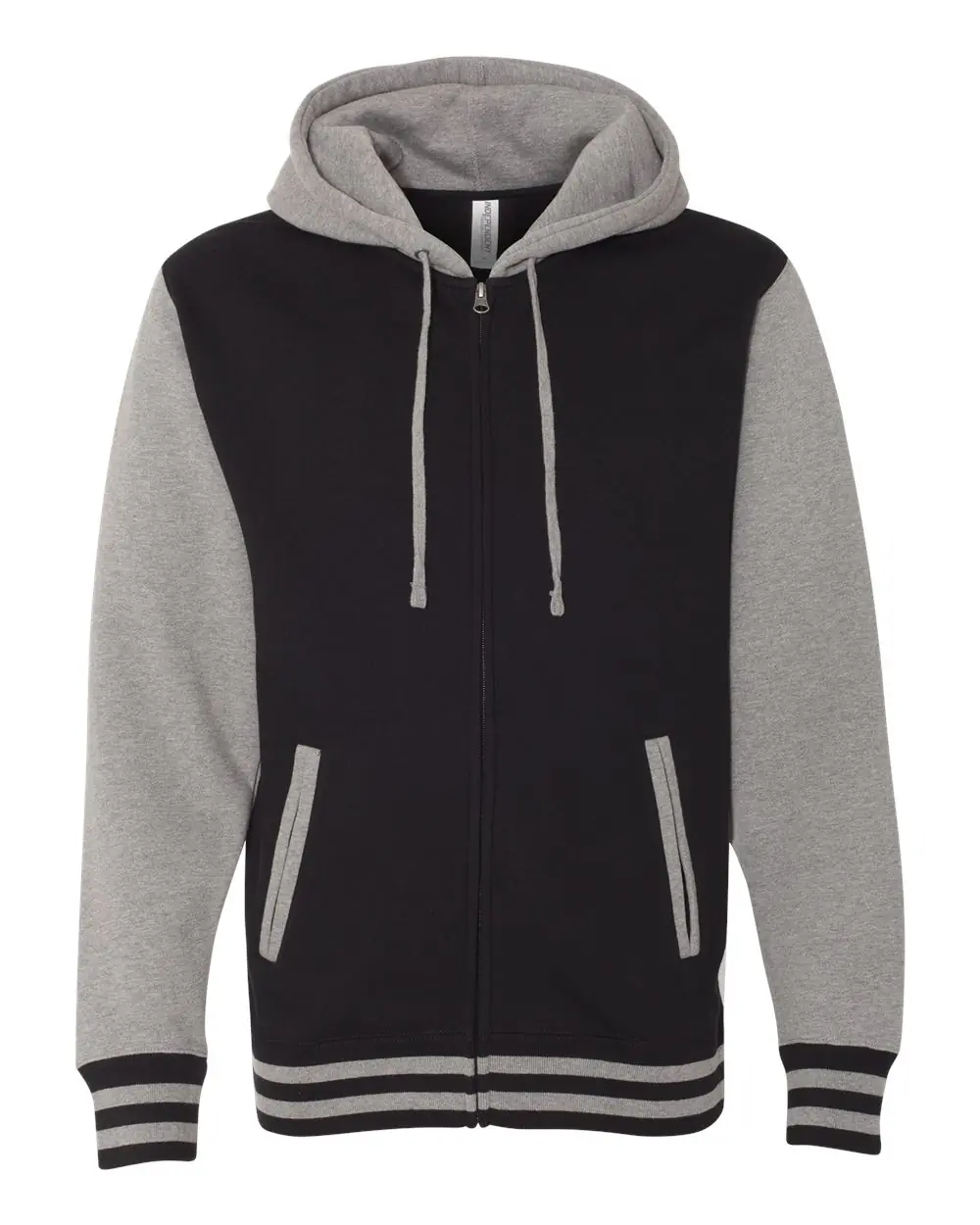 Independent Trading Co. Unisex Heavyweight Varsity Full-Zip Hooded Sweatshirt in Black/ Gunmetal Heather
