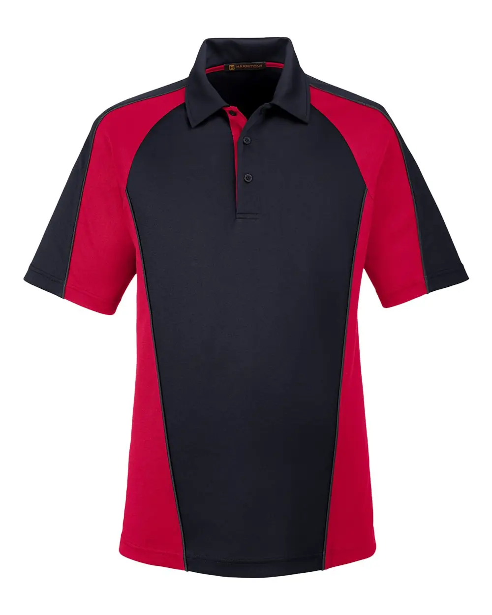 Harriton Men's Advantage Snag Protection Plus IL Colorblock Polo in Black/ Red/ Dark Charcoal