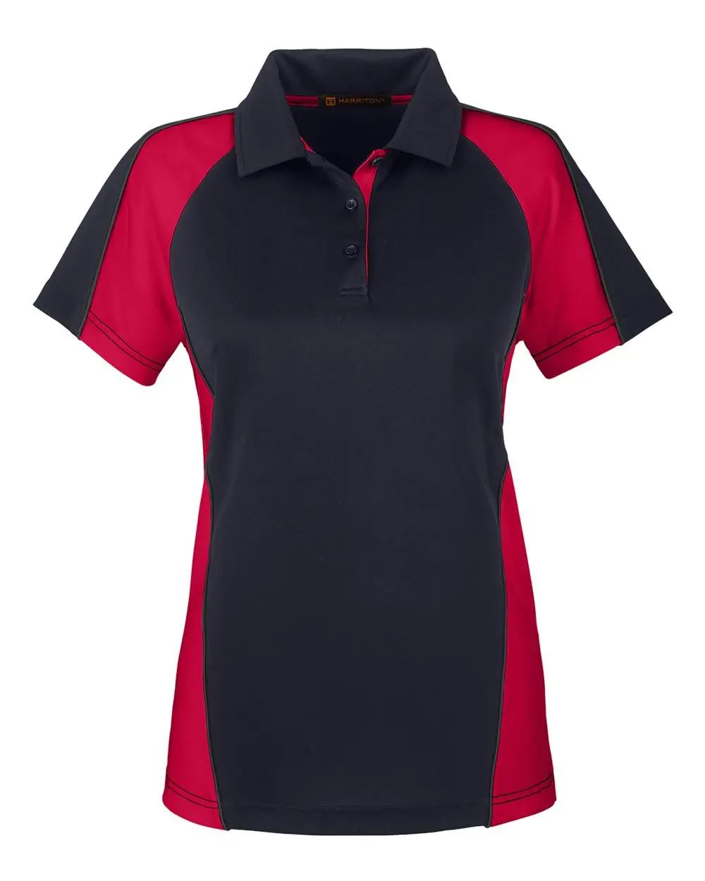Harriton Women's Advantage Snag Protection Plus IL Colorblock Polo in Black/ Red/ Dark Charcoal