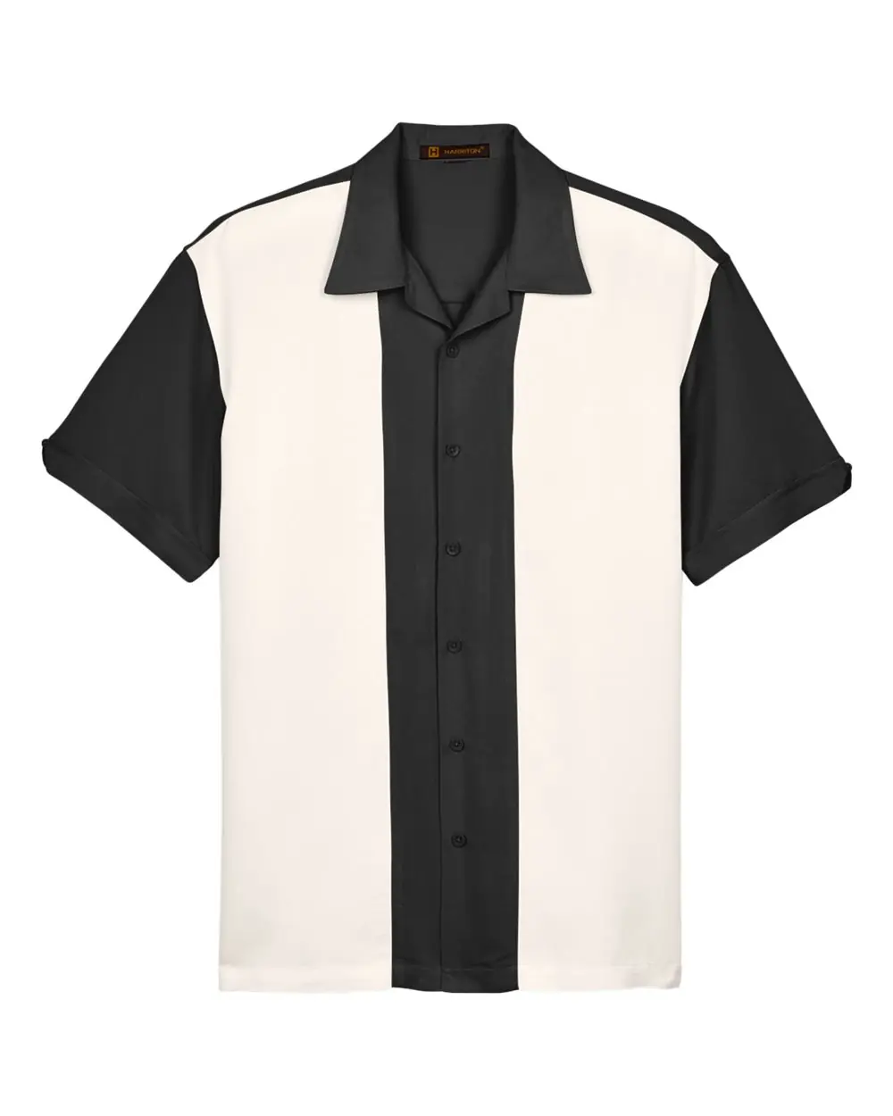 Harriton Men's Two-Tone Camp Shirt in Black/ Cream