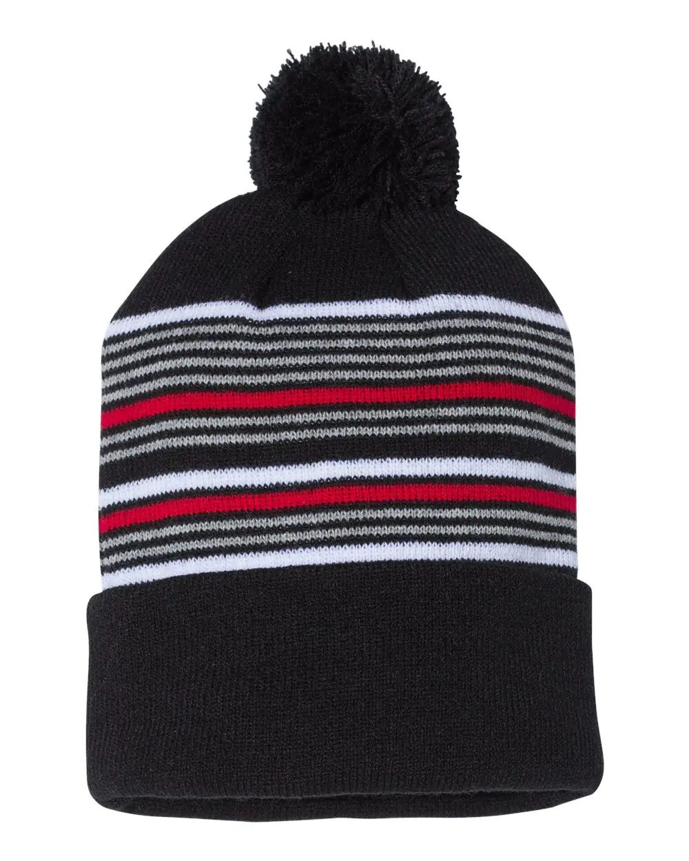 Sportsman 12" Striped Pom-Pom Cuffed Beanie in Black/ White/ Grey/ Red