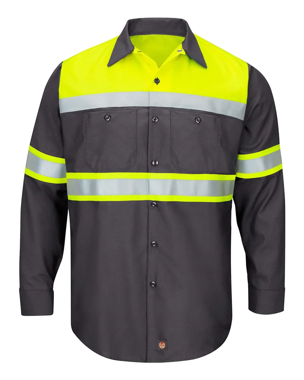 Red Kap Men's Tall Hi-Visibility Colorblock Ripstop Long Sleeve Work Shirt in Fluorescent Yellow/ Charcoal