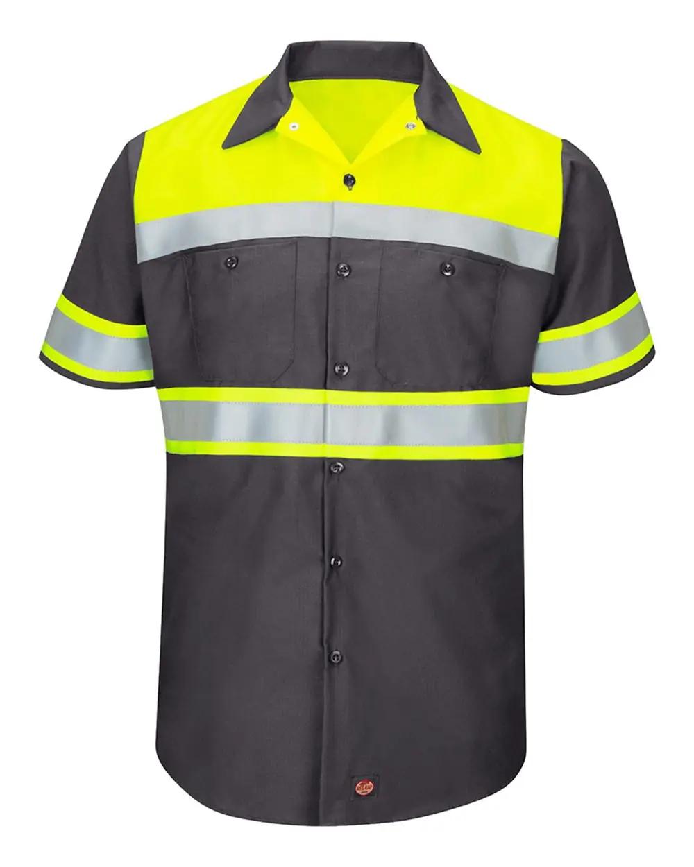 Red Kap Men's Tall Hi-Visibility Colorblock Ripstop Short Sleeve Work Shirt in Fluorescent Yellow/ Charcoal