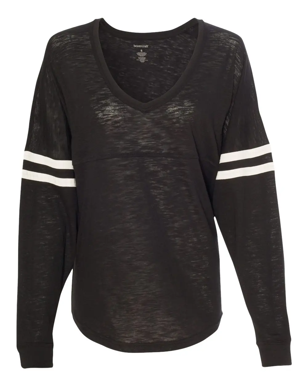 Boxercraft Women’s Slub Jersey Varsitee V-Neck Long Sleeve T-Shirt in Black
