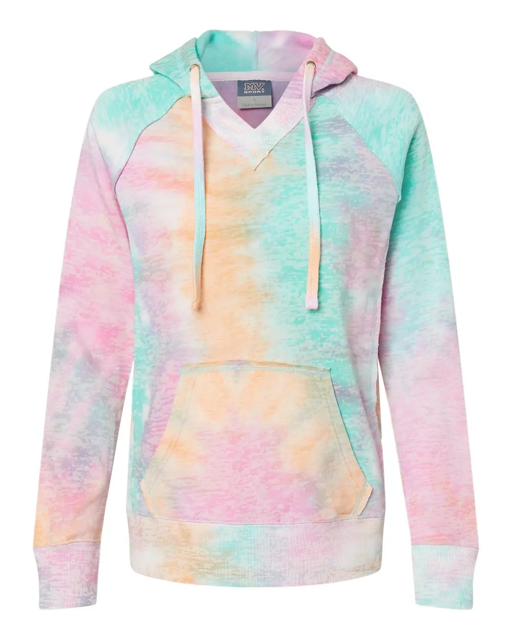 MV Sport Women’s Courtney Burnout V-Notch Hooded Sweatshirt in Rainbow Sorbet
