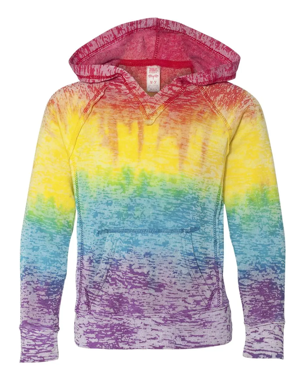 MV Sport Girls’ Courtney Burnout V-Notch Hooded Sweatshirt in Rainbow Stripe
