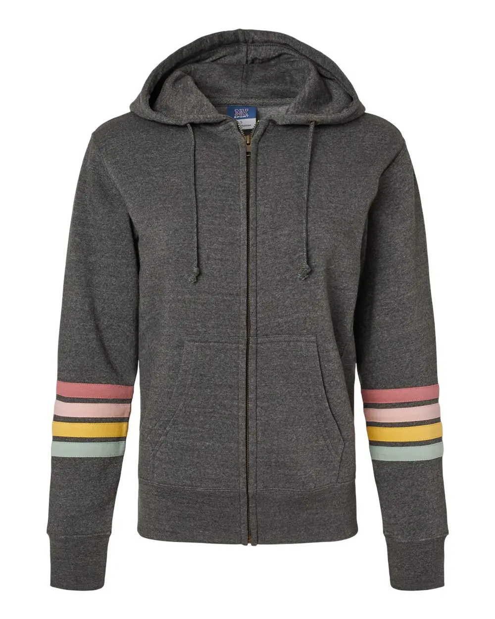MV Sport Women's Striped Sleeves Full-Zip Hooded Sweatshirt in Charcoal