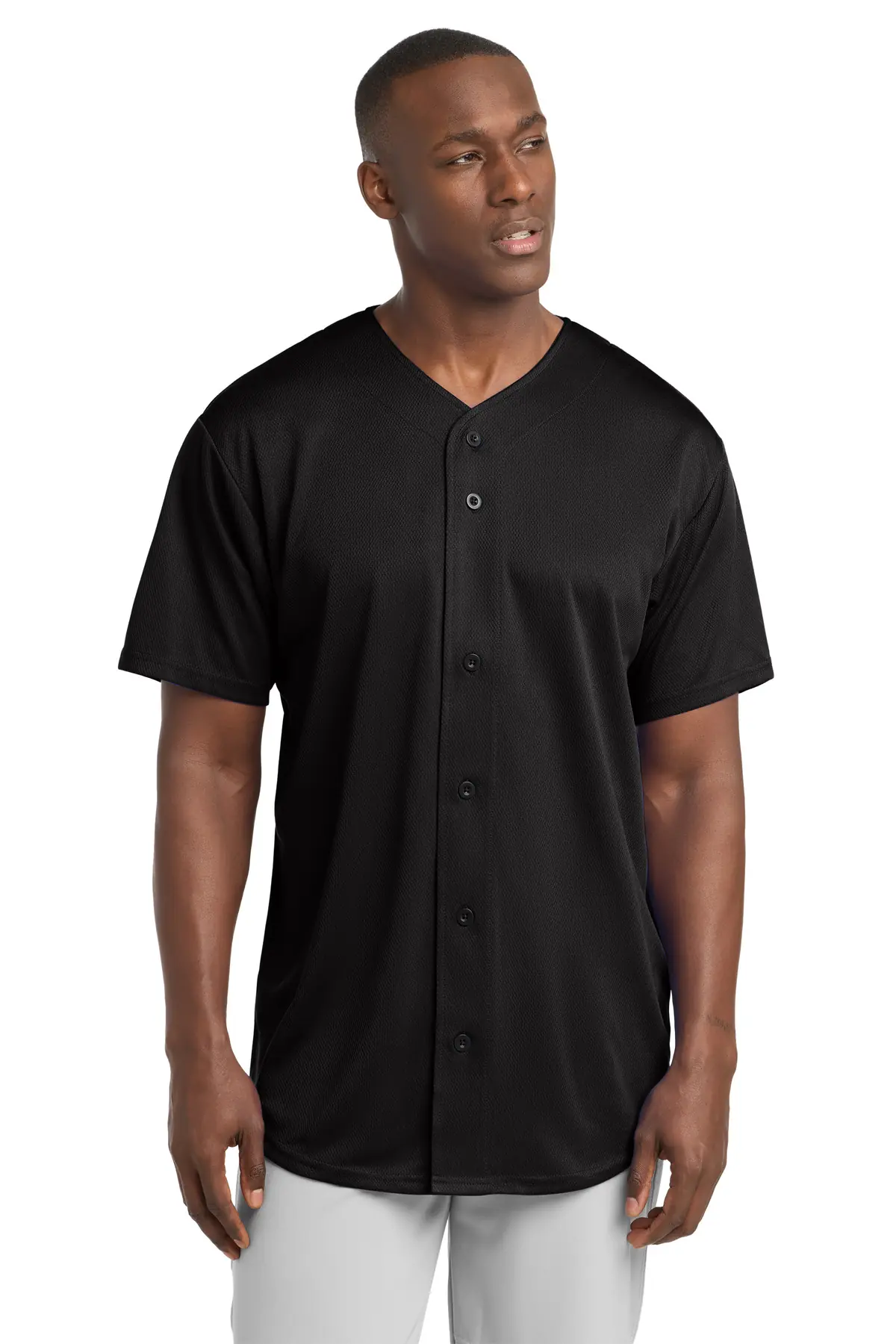 Sport-Tek PosiCharge Tough Mesh Full-Button Jersey. in Black
