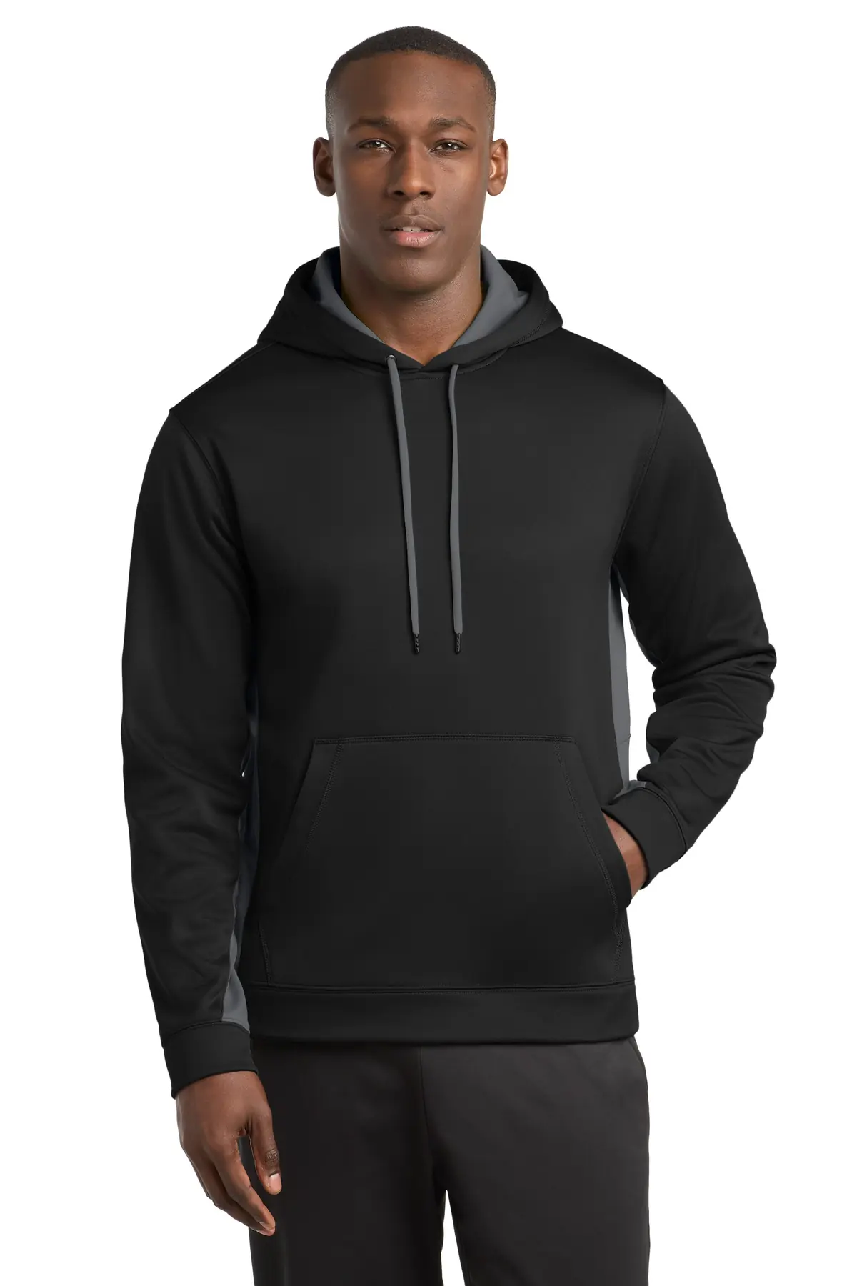 Sport-Tek Sport-Wick Fleece Colorblock Hooded Pullover. in Black/ Dark Smoke Grey