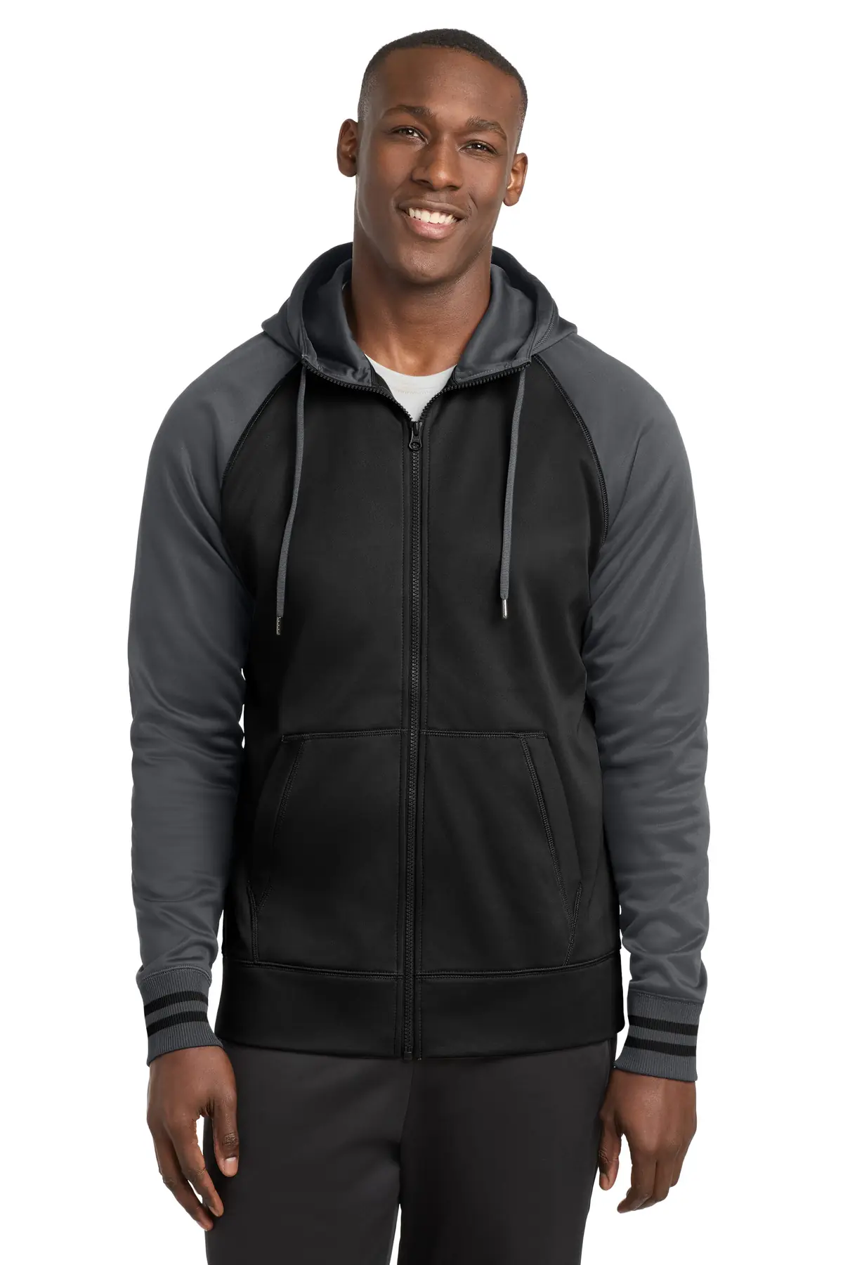 Sport-Tek Sport-Wick Varsity Fleece Full-Zip Hooded Jacket. in Black/ Dark Smoke Grey