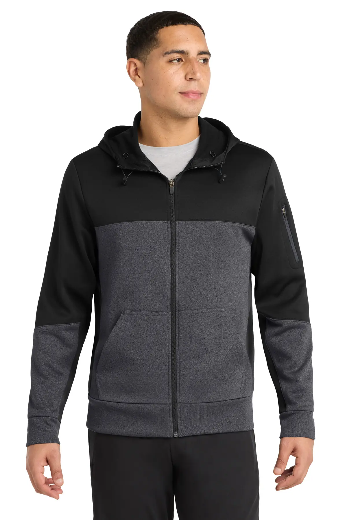 Sport-Tek Tech Fleece Colorblock Full-Zip Hooded Jacket. in Black/ Graphite Heather/ Black
