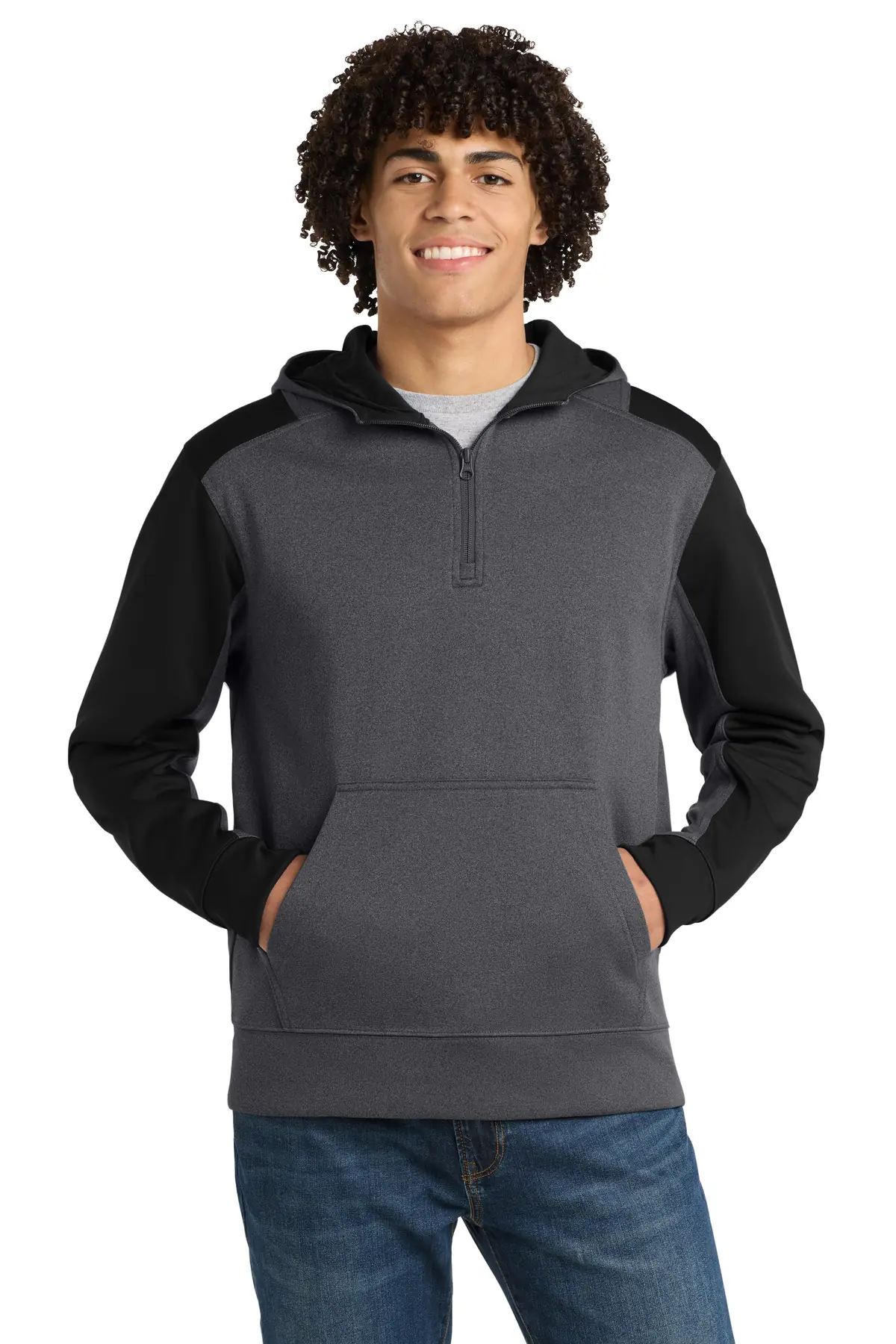Sport-Tek Tech Fleece Colorblock 1/4-Zip Hooded Sweatshirt. in Graphite Heather/ Black