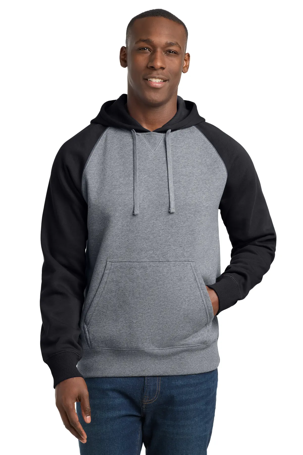 Sport-Tek Raglan Colorblock Pullover Hooded Sweatshirt. in Black/ Vintage Heather