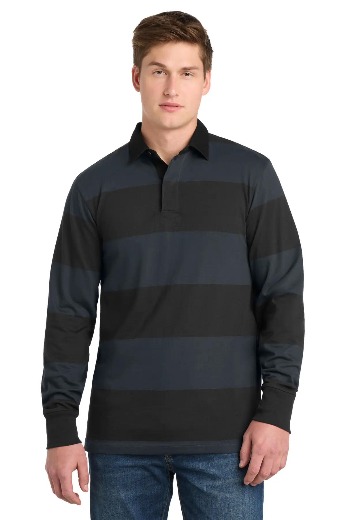 Sport-Tek Classic Long Sleeve Rugby Polo. in Black/ Graphite