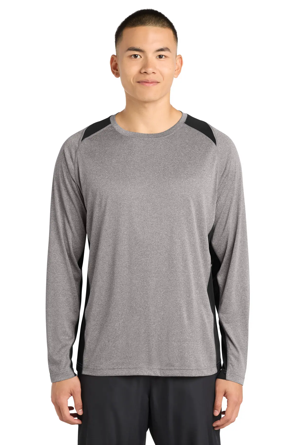 Sport-Tek Long Sleeve Heather Colorblock Contender Tee. in Vintage Heather/ Black