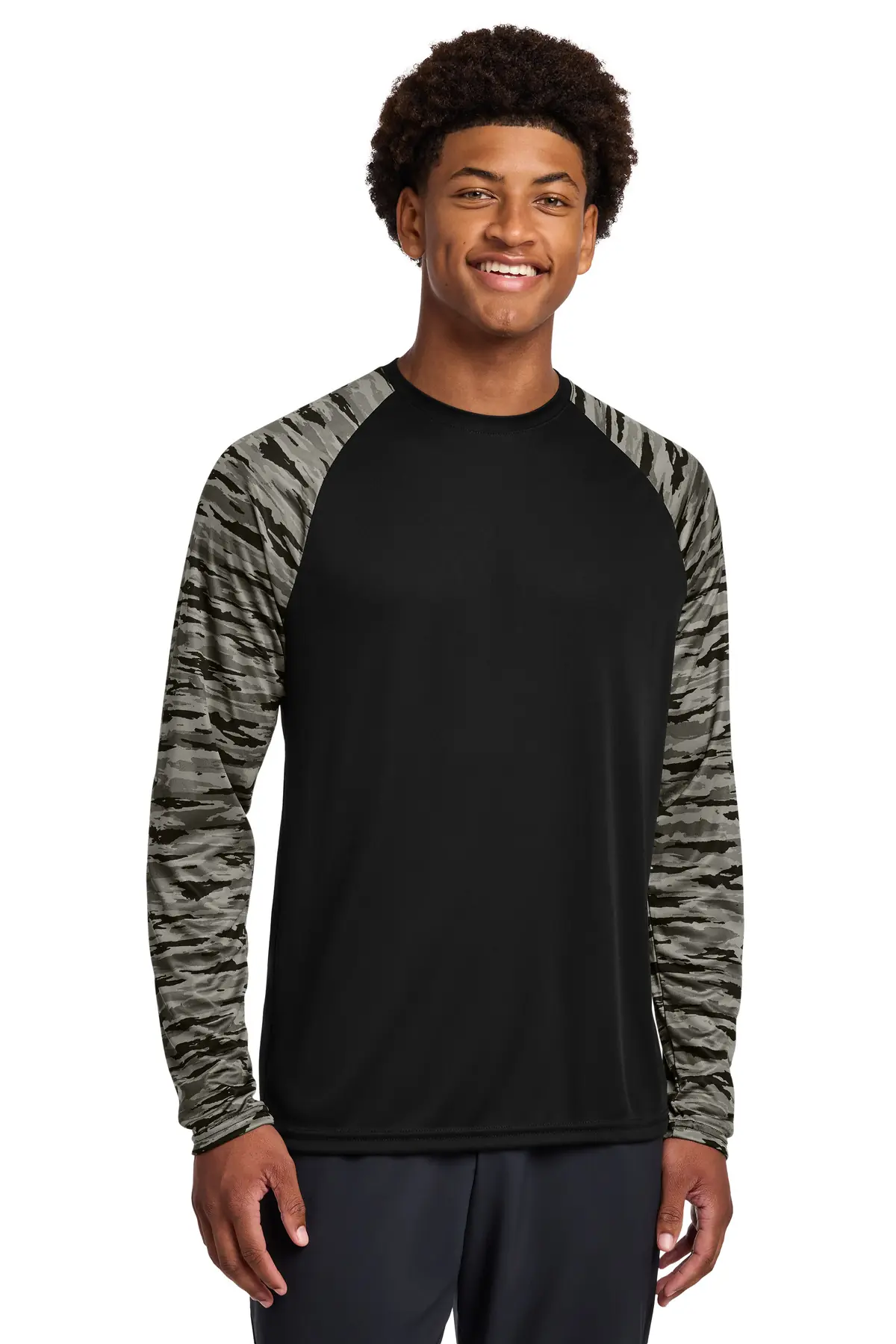 Sport-Tek Drift Camo Colorblock Long Sleeve Tee in Black