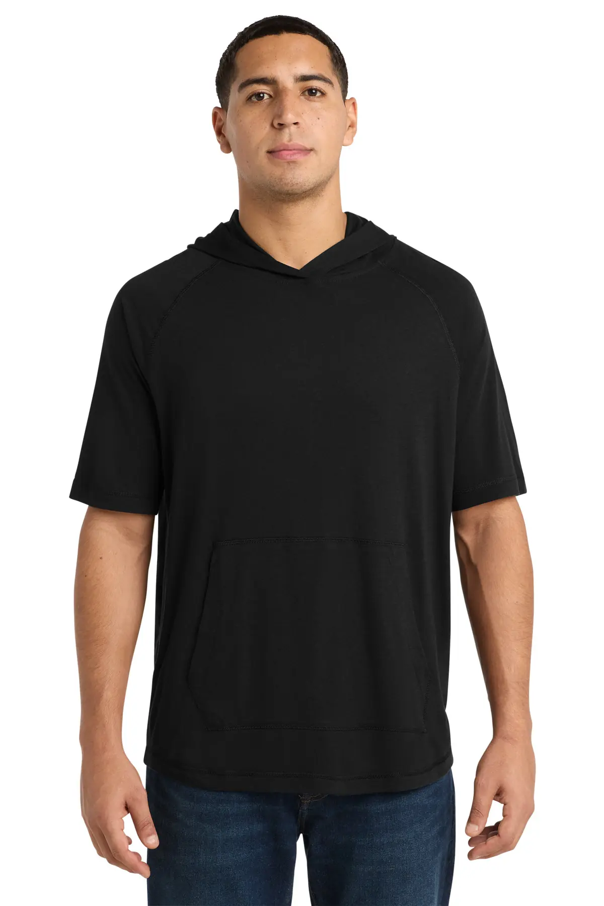 Sport-Tek PosiCharge Tri-Blend Wicking Short Sleeve Hoodie. in Black Triad Solid